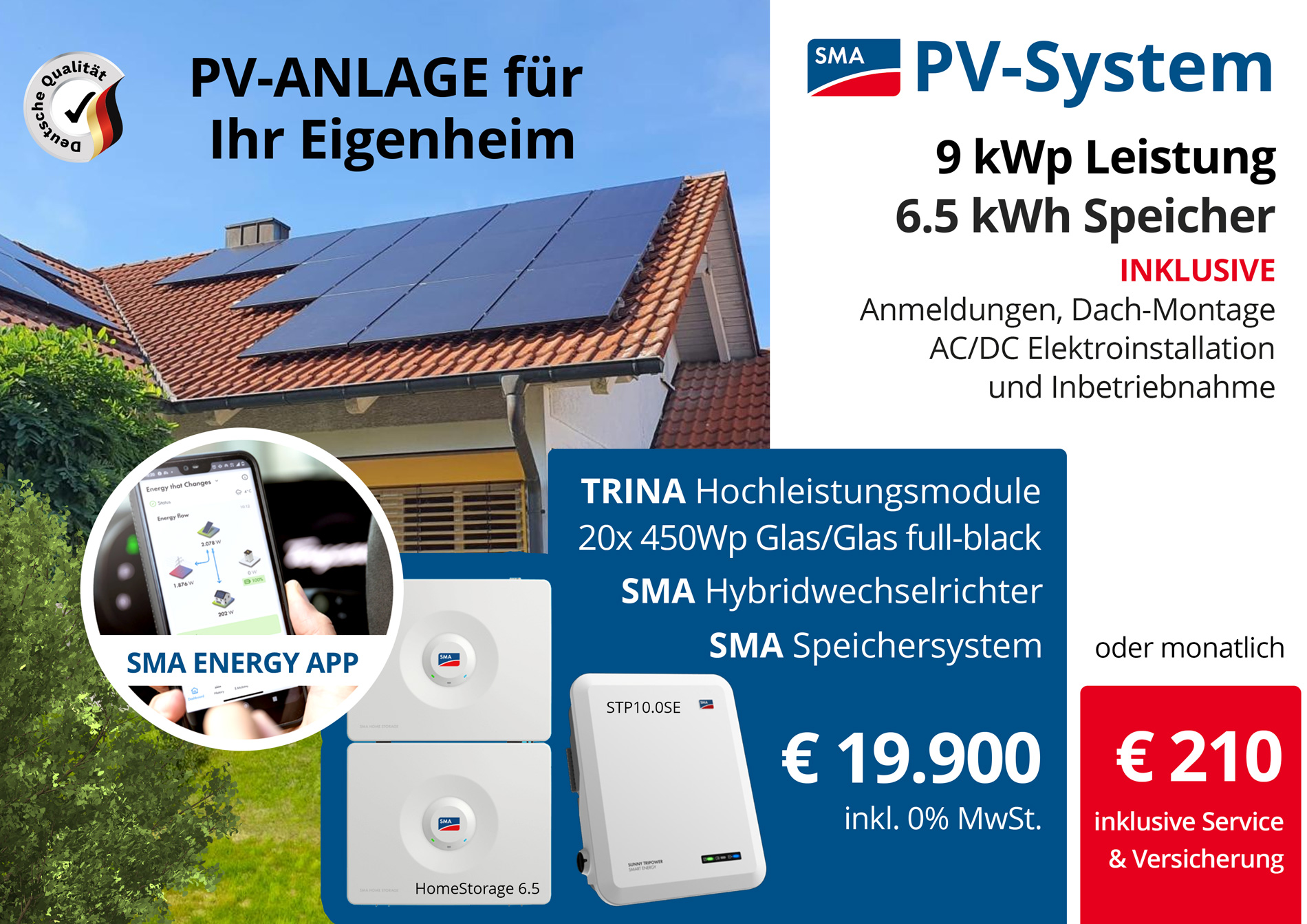 9 kWp SMA PV-System mit Speicher kostet 19.900€